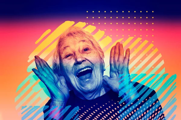 Šťastná Seniorka Koláž Pop Art Nebo Plakát Stylu — Stock fotografie