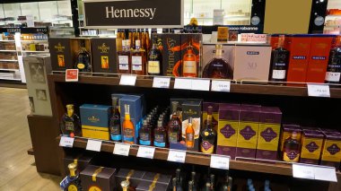 Dortmund, Germany - December 28, 2021: Hennessy extra old cognac on store shelf at Dortmund, Germany - December 28, 2021. Jas Hennessy sells about 50 million bottles a year worldwide, world's largest cogna
