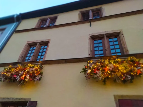 Escena Nocturna Eguisheim Pueblo Tradicional Región Vinícola Alsacia Francia Con — Foto de Stock