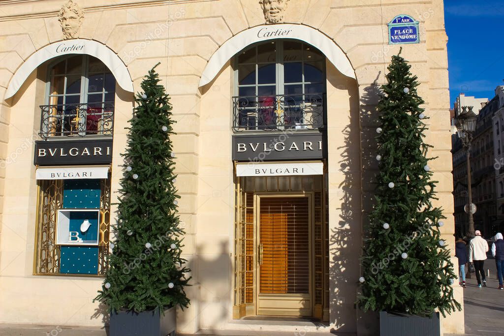 Paris, France - January 01, 2022: Bulgari store in place Vendome in Paris. Bulgari is an Italian jewelry and luxury goods brand.