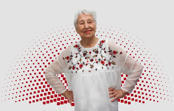 Oude Lachende Vrouw Met Vrolijke Uitdrukking Haar Gezicht Kunststudio Achtergrond — Stockfoto