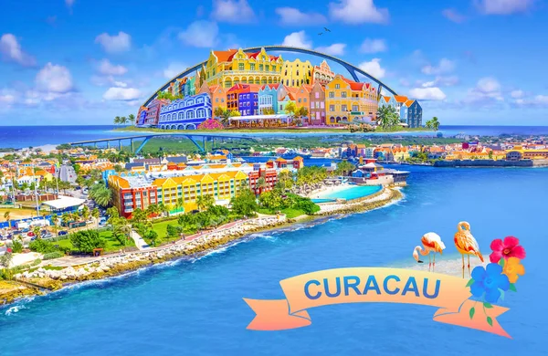 Collage Con Panorama Aereo Della Città Willemstad Curacao Isola Curacao — Foto Stock