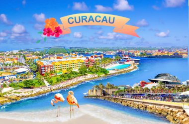 Curacao 'daki Willemstad kasabasının hava manzaralı kolajı Curacao adası Karayip Denizi' ndeki Antiller 'de güzel mimarisi ve plajları olan tropikal bir cennettir..
