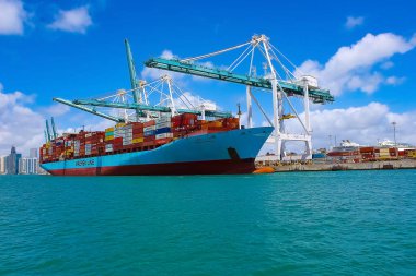 Miami, ABD - 29 Nisan 2022: ABD 'nin en büyük kargo limanlarından biri olan Miami Limanı' ndaki Maersk konteynır gemisi.