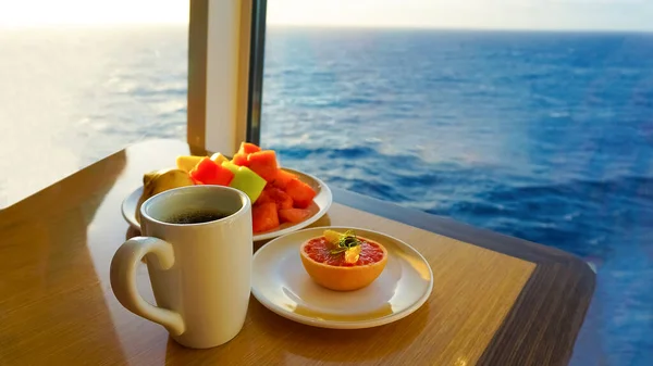 Dining Room Buffet aboard the abstract luxury cruise ship. Healthy breakfast at modern liner concept