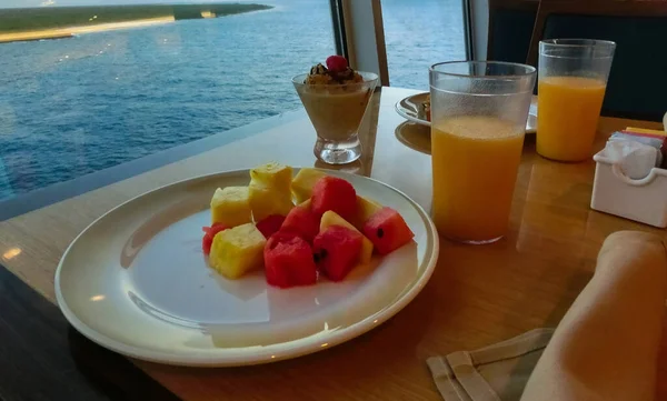 Speisesaal Buffet Bord Des Abstrakten Luxus Kreuzfahrtschiffes Gesundes Frühstück Bei — Stockfoto