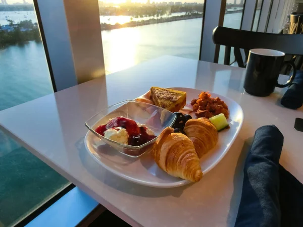 Dining Room Buffet aboard the abstract luxury cruise ship. Healthy breakfast at modern liner concept