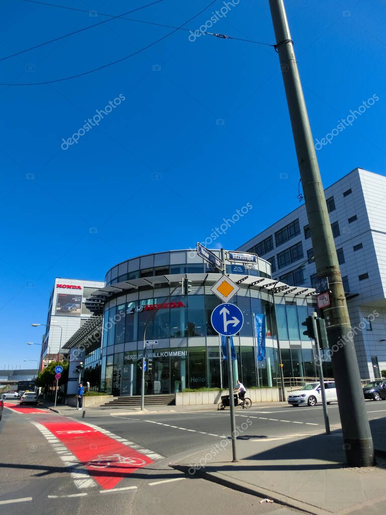 Frankfurt am Main, Germany - April 20, 2022: Exterior view of Honda dealership in Frankfurt am Main, Germany. Honda Motor Company, Ltd. is a Japanese public multinational conglomerate corporation.