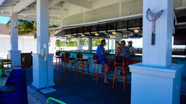 Ocean Cay, Bahamas - 29 Nisan 2022 Ocean Cay Bahamas Adası 'ndaki plaj palmiye ağaçları ve tropik arkaplanlı