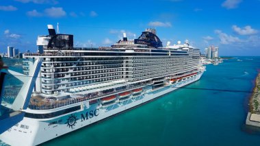 Miami, USA - April 29, 2022: MSC Seashore cruise ship prepares for departure from Miami to a weeklong Caribbean voyage