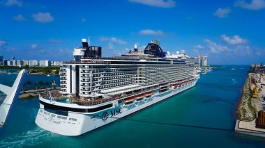 Miami, USA - April 29, 2022: MSC Seashore cruise ship prepares for departure from Miami to a weeklong Caribbean voyage