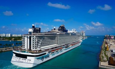Miami, USA - April 29, 2022: MSC Seashore cruise ship prepares for departure from Miami to a weeklong Caribbean voyage