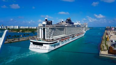 Miami, USA - April 29, 2022: MSC Seashore cruise ship prepares for departure from Miami to a weeklong Caribbean voyage