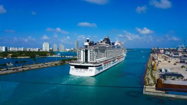 Miami, USA - April 29, 2022: MSC Seashore cruise ship prepares for departure from Miami to a weeklong Caribbean voyage