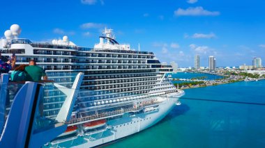 Miami, USA - April 29, 2022: MSC Seashore cruise ship prepares for departure from Miami to a weeklong Caribbean voyage