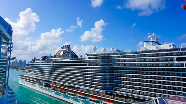 Miami, USA - April 29, 2022: MSC Seashore cruise ship prepares for departure from Miami to a weeklong Caribbean voyage