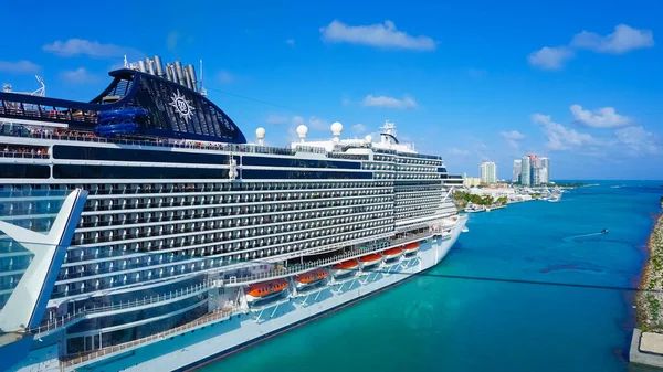 Miami, USA - April 29, 2022: MSC Seashore cruise ship prepares for departure from Miami to a weeklong Caribbean voyage