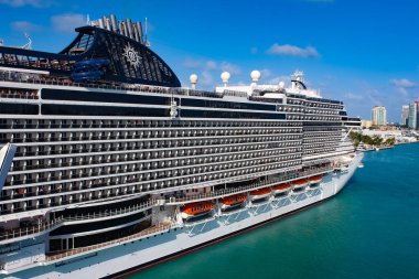 Miami, USA - April 29, 2022: MSC Seashore cruise ship prepares for departure from Miami to a weeklong Caribbean voyage