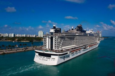 Miami, USA - April 29, 2022: MSC Seashore cruise ship prepares for departure from Miami to a weeklong Caribbean voyage