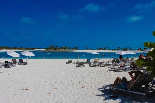 Praia Ocean Cay Ilha Das Bahamas Com Palmeiras Fundo Trópico — Fotografia de Stock