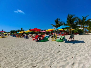 Bahamalar 'daki Ocean Cay adasındaki plajda dinlenen insanlar. Mavi su ve beyaz kum