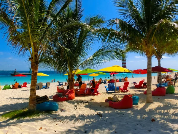 Bahamalar 'daki Ocean Cay adasındaki plajda dinlenen insanlar. Mavi su ve beyaz kum