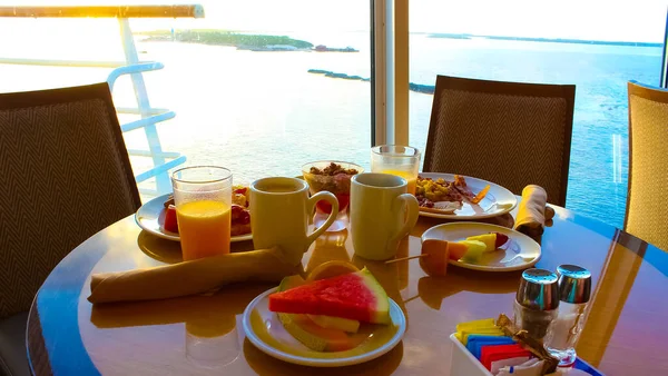 Dining Room Buffet aboard the abstract luxury cruise ship. Healthy breakfast at modern liner concept