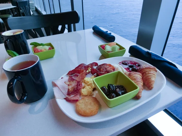 Dining Room Buffet aboard the abstract luxury cruise ship. Healthy breakfast at modern liner concept