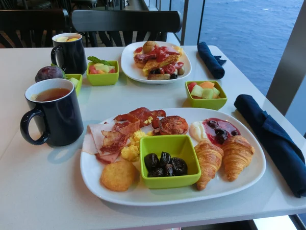 Dining Room Buffet aboard the abstract luxury cruise ship. Healthy breakfast at modern liner concept