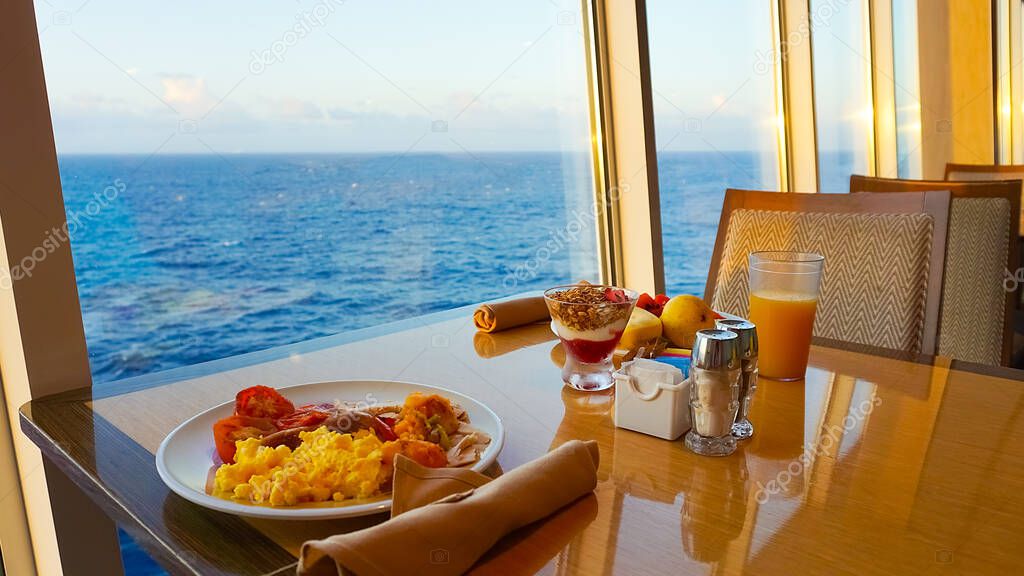 Dining Room Buffet aboard the abstract luxury cruise ship. Healthy breakfast at modern liner concept