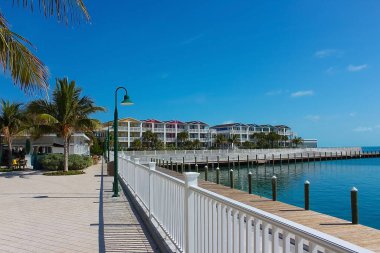 Okyanus kıyısındaki Cay Bahamalar Adası 'nda renkli evleri ve tropik geçmişi olan plaj.