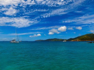 St. Thomas, USVI. ABD Virgin Adalarından birinde yeşil kıyı şeridi görüntüsü.
