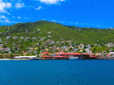 St. Thomas, USVI. ABD Virgin Adalarından birinde yeşil kıyı şeridi görüntüsü.