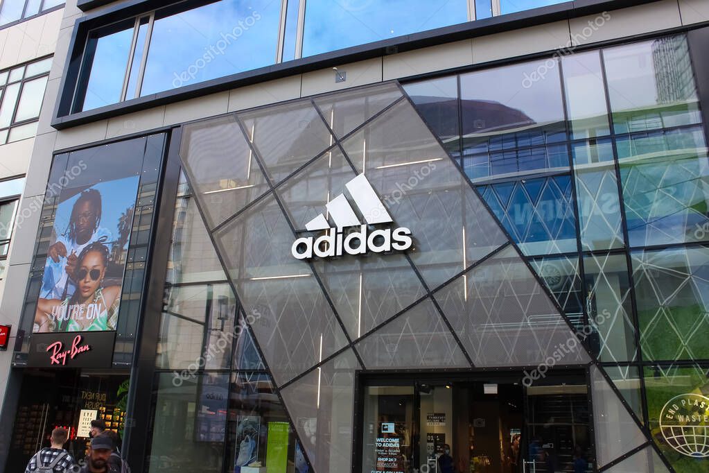 Frankfurt am Main, Germany - April 20, 2022: The facade of the Adidas store on Zeil street. Adidas AG is a German corporation, the largest sportswear manufacturer in Europe and the second biggest in the world.