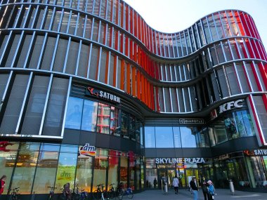 Frankfurt am Main, Germany - April 20, 2022: Skyline Plaza shopping and wellness center with roof garden, a fitness centre, numerous restaurants and shops and a multi-storey car park.