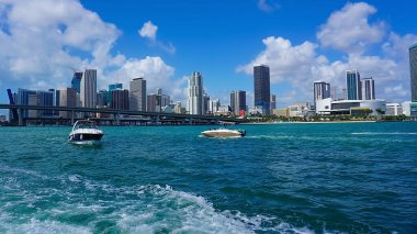 Miami, USA - April 23, 2022: Luxury yachts at the Bayside Marina in Miami, Florida USA