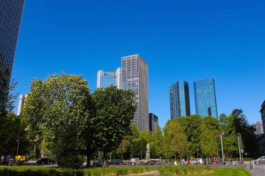 Frankfurt am Main, Germany - May 10, 2022: Frankfurt city skyscrapers in the downtown