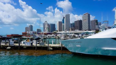 Miami, USA - April 23, 2022: Luxury yachts at the Bayside Marina in Miami, Florida USA
