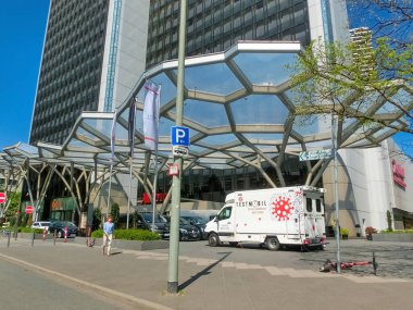 Frankfurt am Main, Germany - May 10, 2022: Frankfurt COVID-19 Mobile Testing Facility. Walk-up coronavirus testing site.