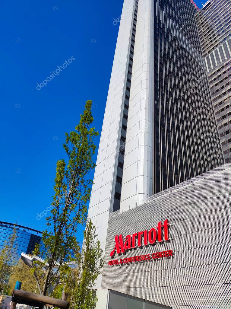 Frankfurt am Main, Germany - May 10, 2022: Marriott Hotel famous in the world