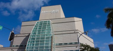 Miami, USA - April 23, 2022: View of the landmark Adrienne Arsht Center for the Performing Arts of Miami Dade County, the largest performing arts center in Florida.