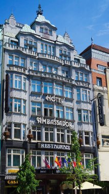 Prague, Czech Republic - May 11, 2022: Hotel Ambassador and casino on Wenceslas Square in inner city in Prague, Bohemia, Czech Republic