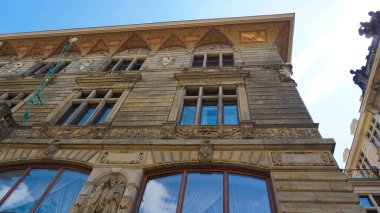 Prague, Czech Republic - May 11, 2022: The facade of old house and old architecture in old town at Prague, Czech Republic