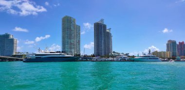 Miami, USA - April 23, 2022: Luxury yachts at the Bayside Marina in Miami, Florida USA