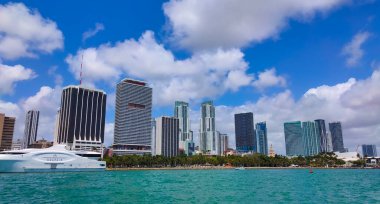 Miami, USA - April 23, 2022: Luxury yachts at the Bayside Marina in Miami, Florida USA