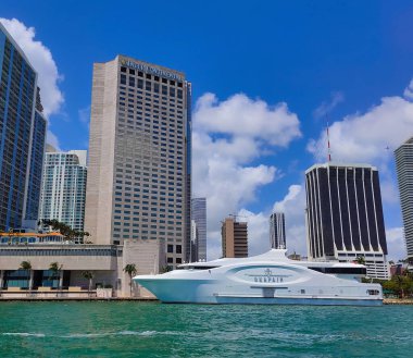 Miami, USA - April 23, 2022: Luxury yachts at the Bayside Marina in Miami, Florida USA