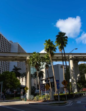 Miami, USA - April 23, 2022: Downtown Miami cityscape view with condos and office buildings against blue sky.