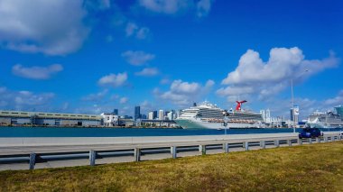 Miami, Florida, USA - April 23, 2022: Port of Miami with cruise ships. Miami is a major port in United States for cruise liners.