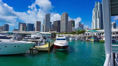Miami, USA - April 23, 2022: Luxury yachts at the Bayside Marina in Miami, Florida USA