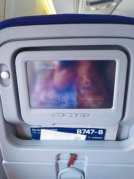 Frankfurt Main Germany May 2022 Blue Screens Display Airplane Seat — Zdjęcie stockowe